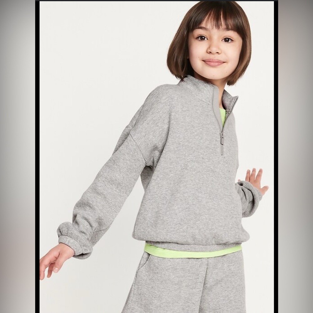 Old Navy Girls Lg.(10-12) Textured Waffle-Knit Quarter Zip Swtshirt Heather Gray